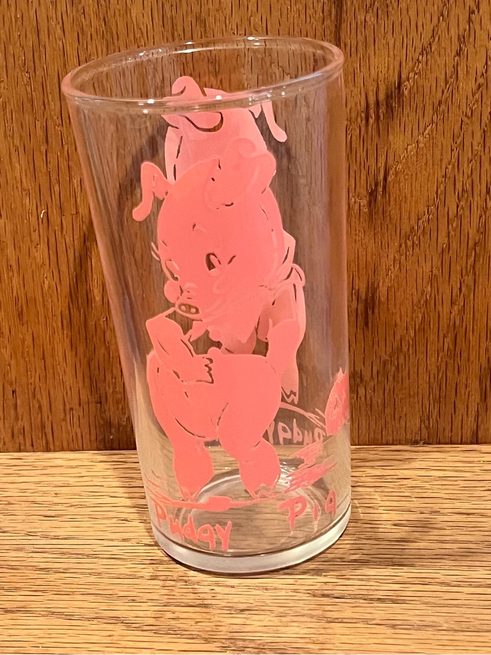 Vintage Blue Plate Pudgy Pig Pink Animal Glass Tumbler